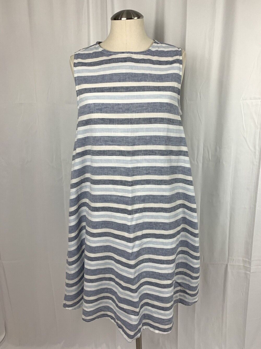 BNWT Beach Lunch Lounge Linen Blend Blue Tank Striped Shift Dress Womens Size S